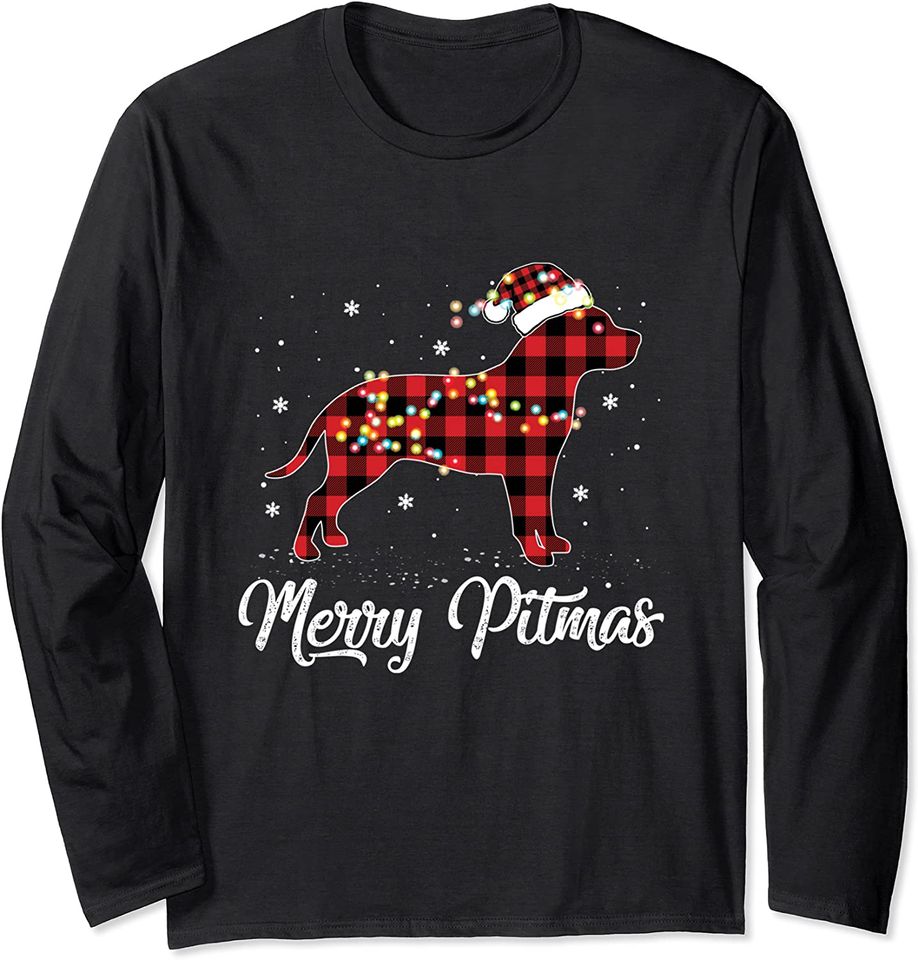 Red Plaid Buffalo Pitbull Merry Christmas Pajamas Long Sleeve
