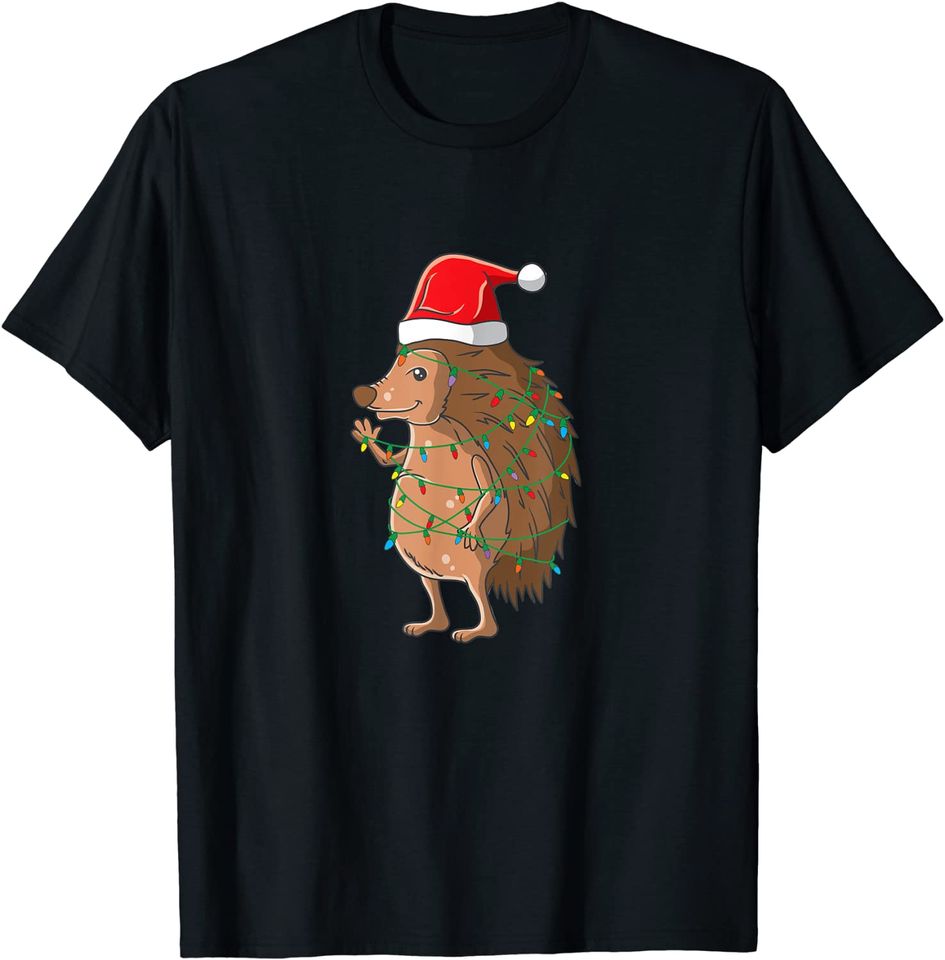 Hedgehog Christmas Lights Cute Hedgehog Lover Santa Hat T-Shirt