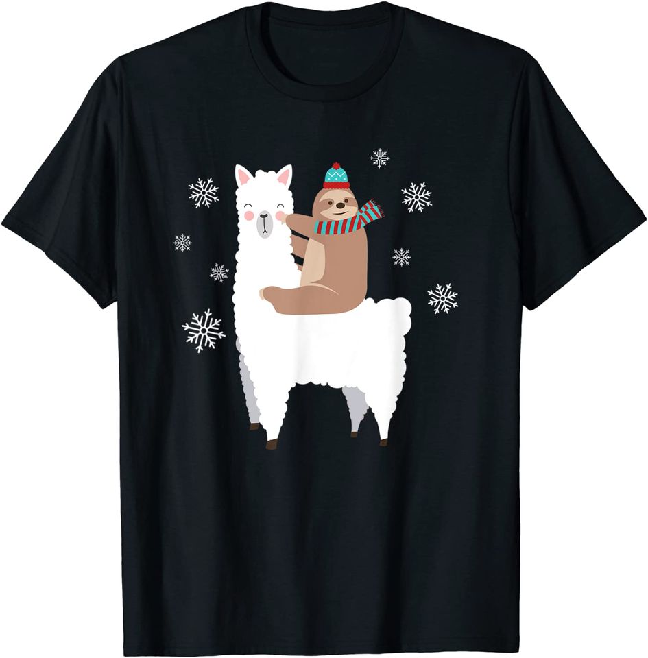 Sloth Riding Llama Christmas Scarf Santa Hat T-Shirt