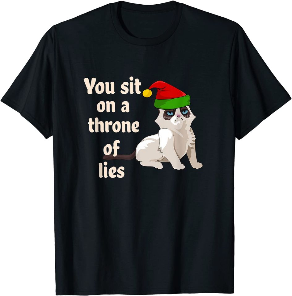 You Sit On A Throne Of Lies Shirt Christmas Cat with Elf Hat T-Shirt