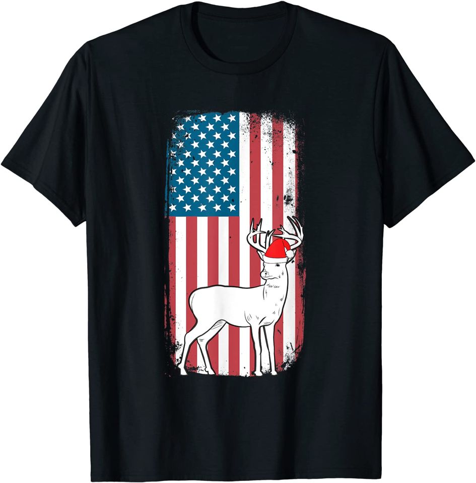 Deer Hunting American Flag Christmas X-Mas Patriotic Hunter T-Shirt