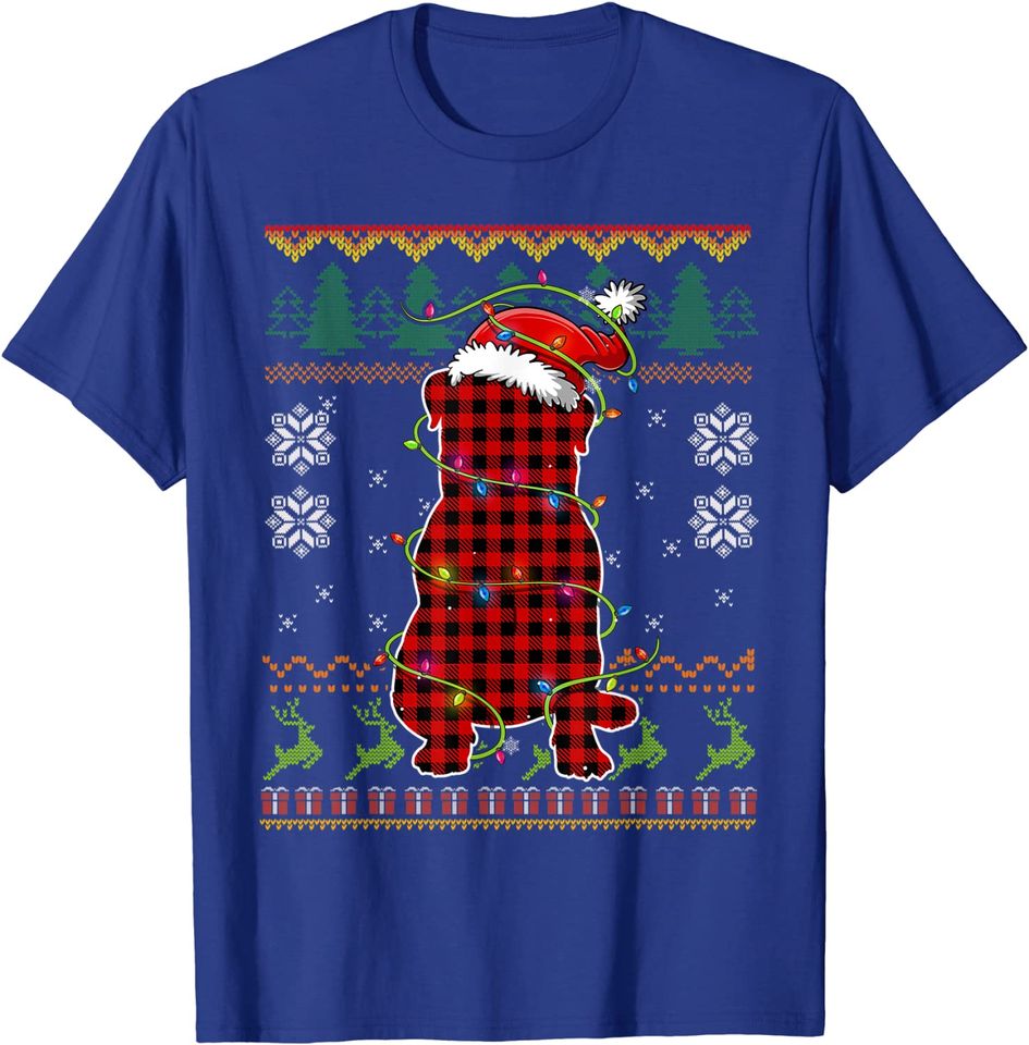Red Plaid Pug Santa Ugly Christmas Sweater Pajamas T-Shirt