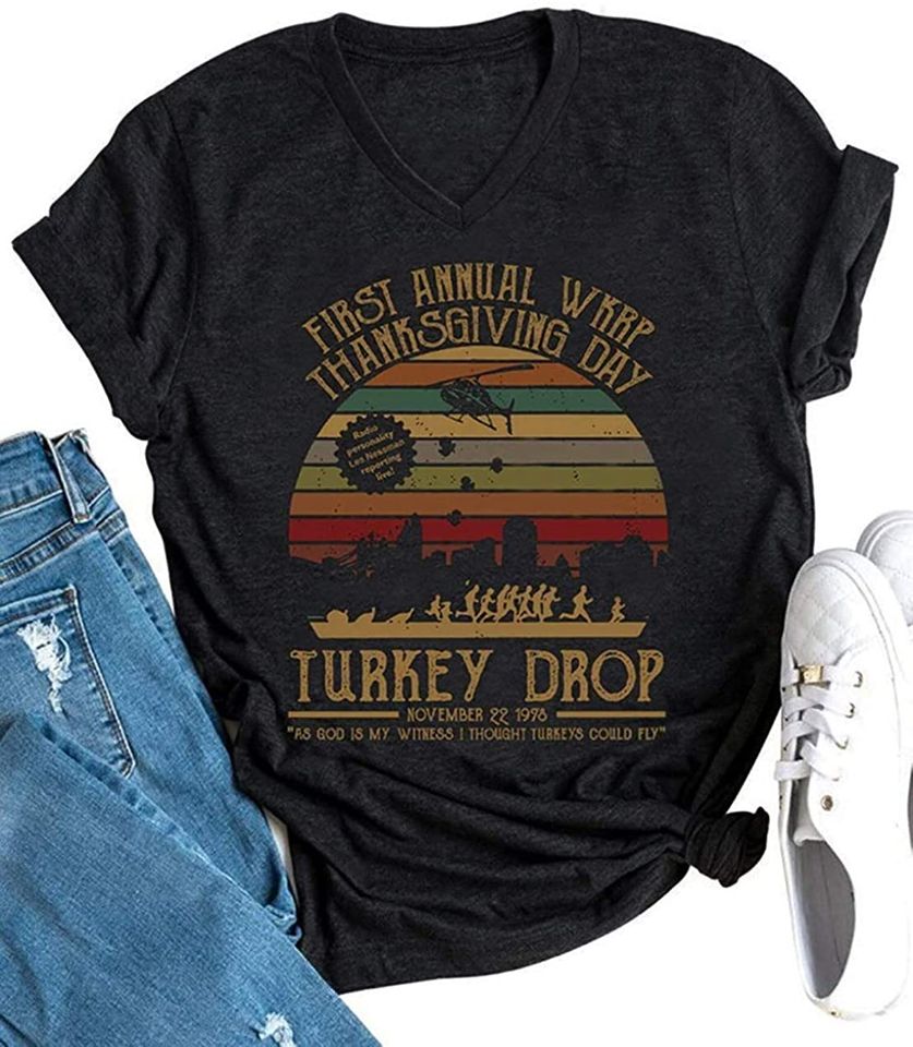 Women's First Annual WKRP Turkey Drop T Shirts Vintage Turkey Thanksgiving Day Gifts Tshirt Tops Fall Basic V Neck Tees