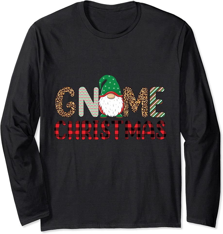 Gnomes With Leopard Plaid Gnome Christmas Long Sleeve T-Shirt