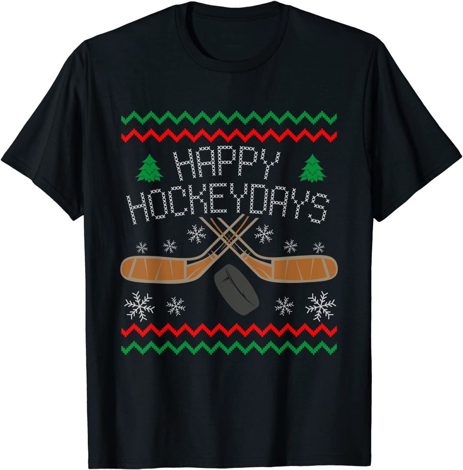 Happy Hockeydays Ice Hockey Player Ugly Christmas T-Shirt