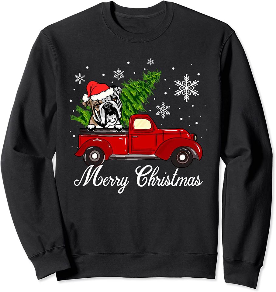 English Bulldog Dog Riding Red Truck Christmas Decorations Sweatshirt