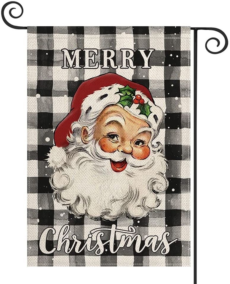 Merry Christmas Watercolor Buffalo Check Plaid Santa Claus Flag