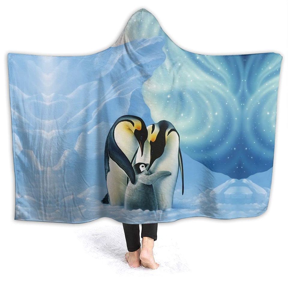 Family of Funny Penguins Hooded Blanket,Outdoor Wearable Sweatshirt Hoodie Blankets