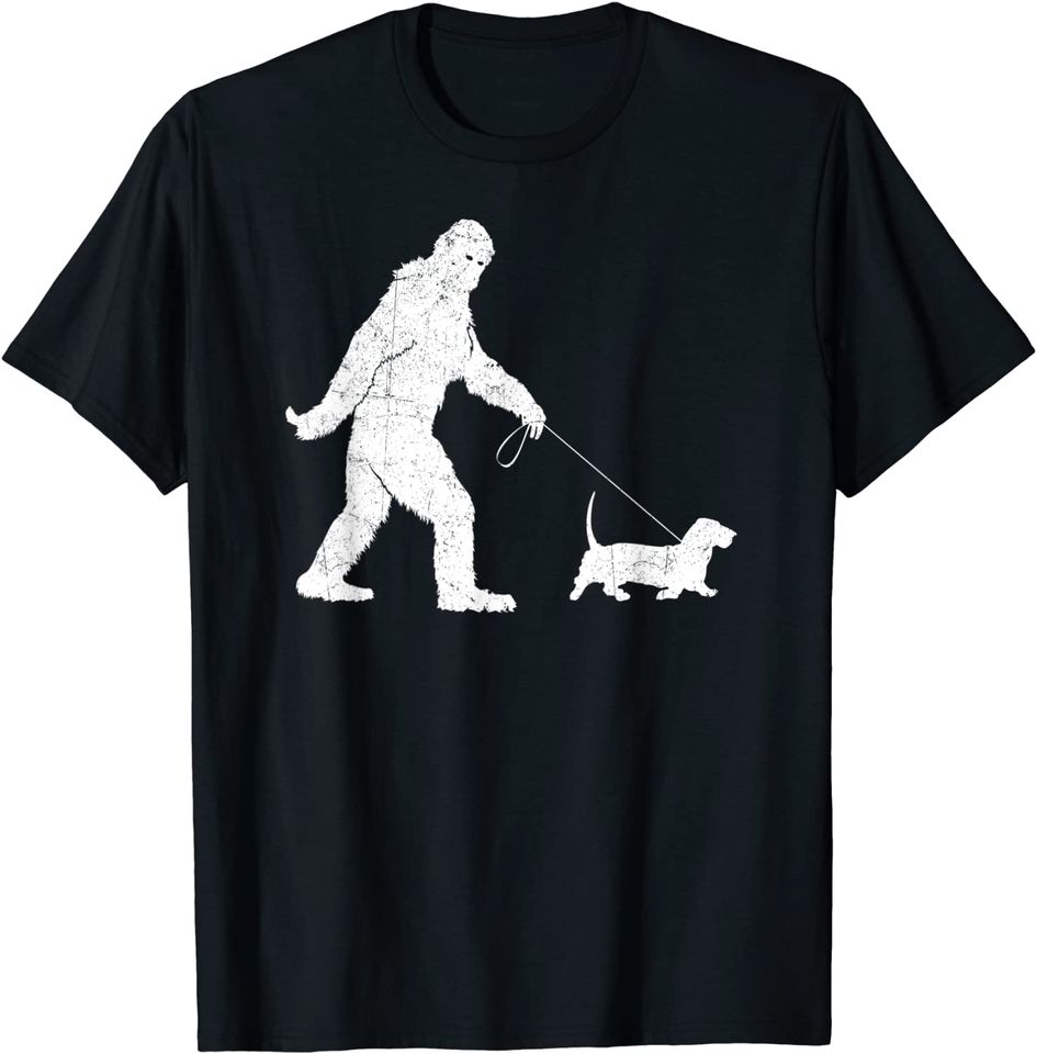 Funny Bigfoot Sasquatch Walking Basset Hound Dog Lovers T-Shirt