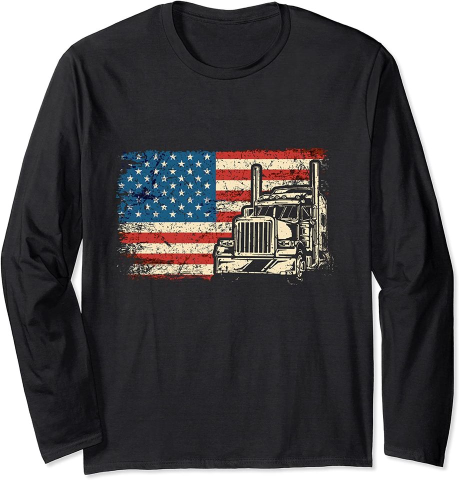 Tops Driver Long Sleeve Vintage USA Flag Truck Driver