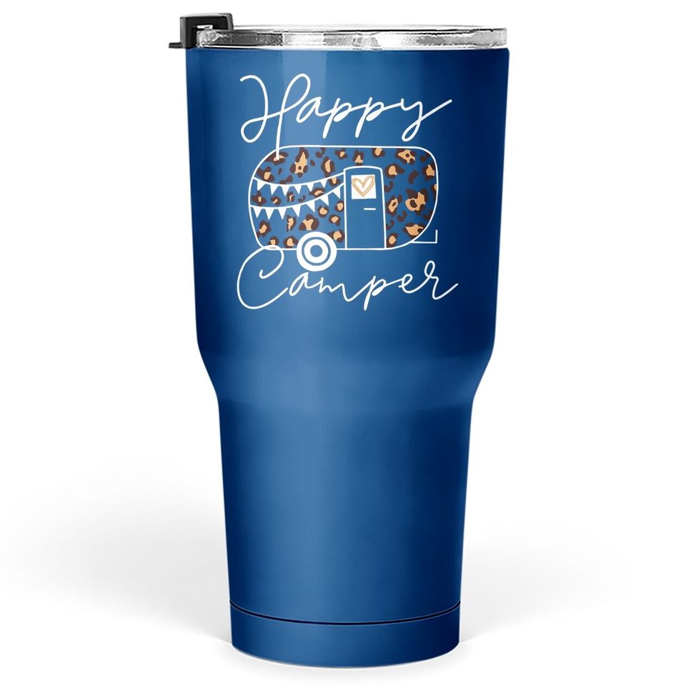 Leopard Truck Happy Camper Tumbler 30 Oz For Funny Animal Graphic Mountain Camping Tumbler 30 Oz Summer Casual Hiking Trip Tumblers 30 oz