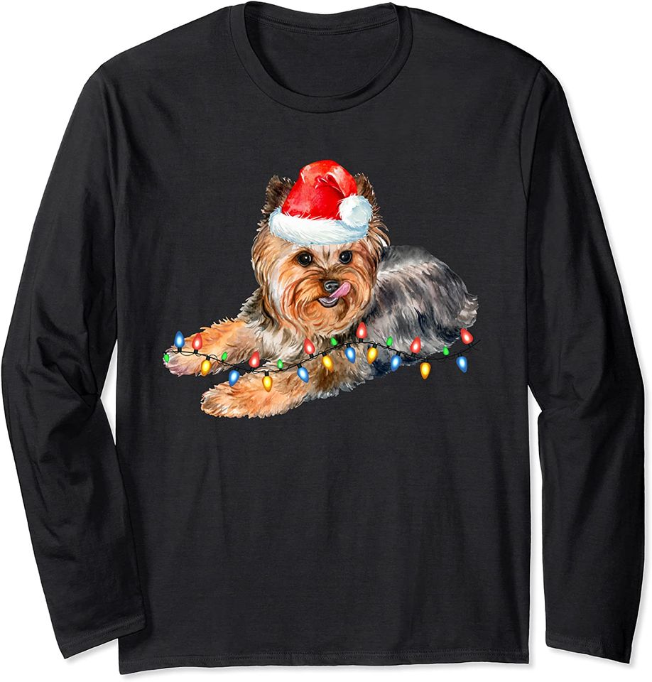 Yorkie Christmas Light Shirt Puppy Dog Gift Xmas Funny Long Sleeve
