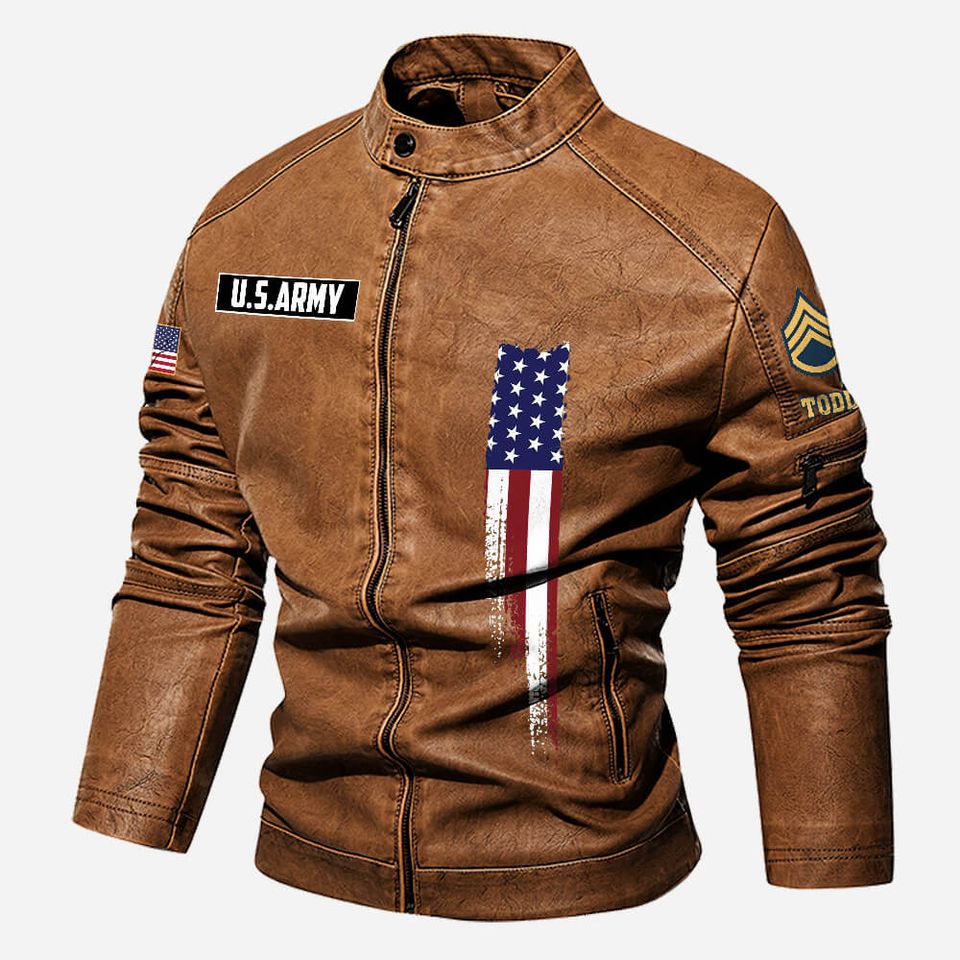 Personalized US Army Veteran Stand Collar Leather Jackets