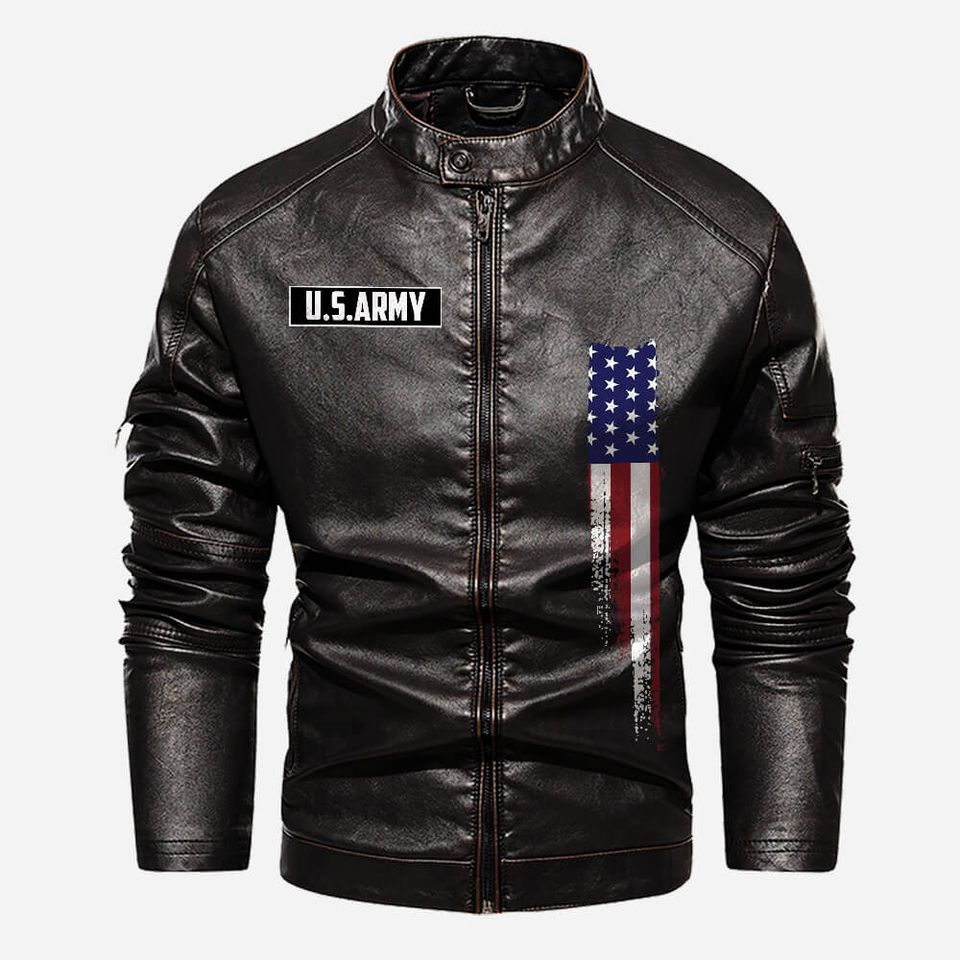 Personalized US Army Veteran Stand Collar Leather Jackets