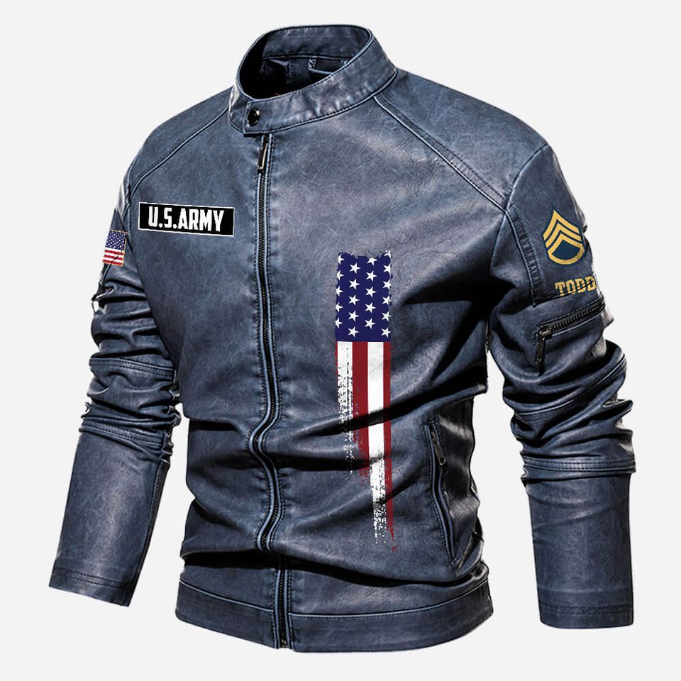 Personalized US Army Veteran Stand Collar Leather Jackets