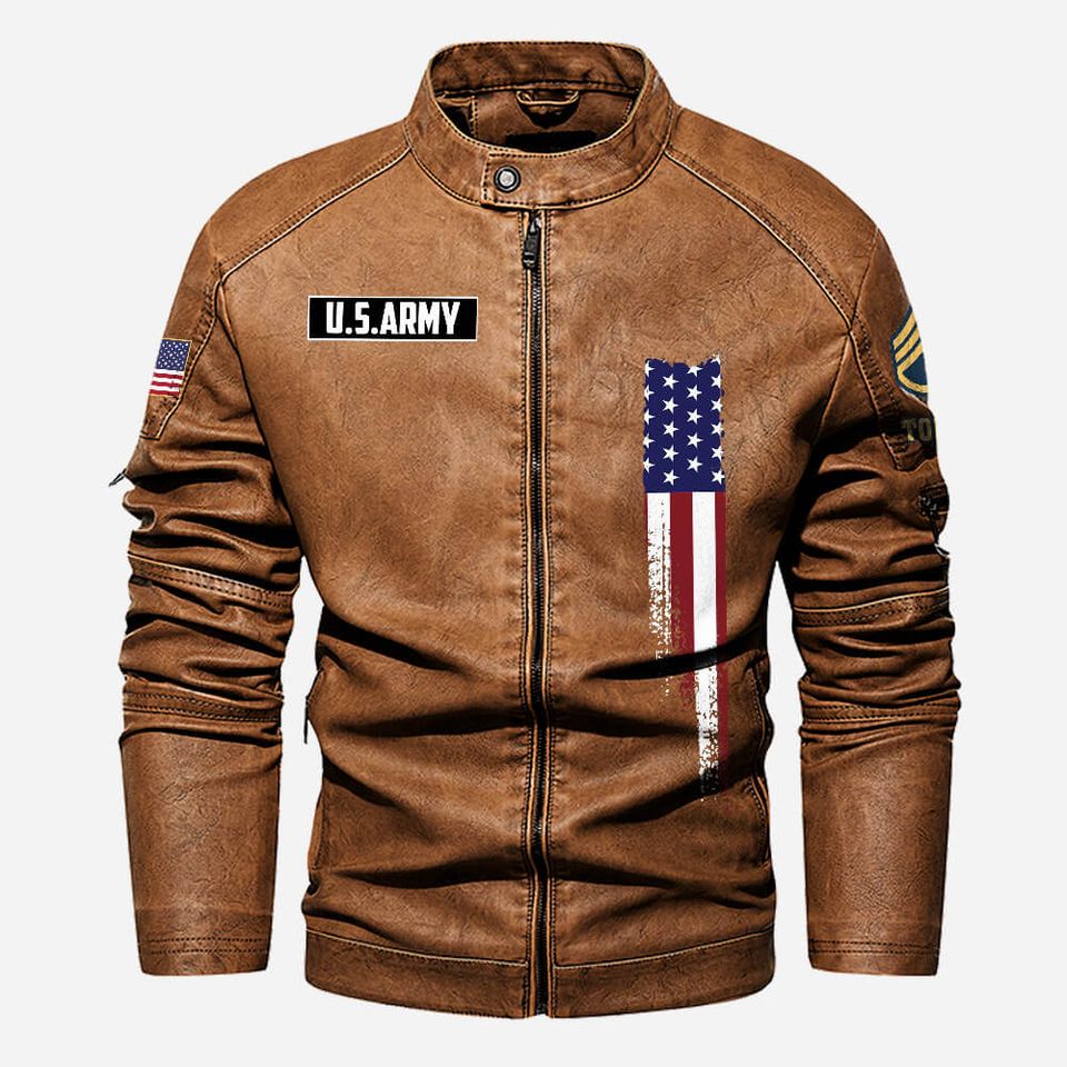 Personalized US Army Veteran Stand Collar Leather Jackets