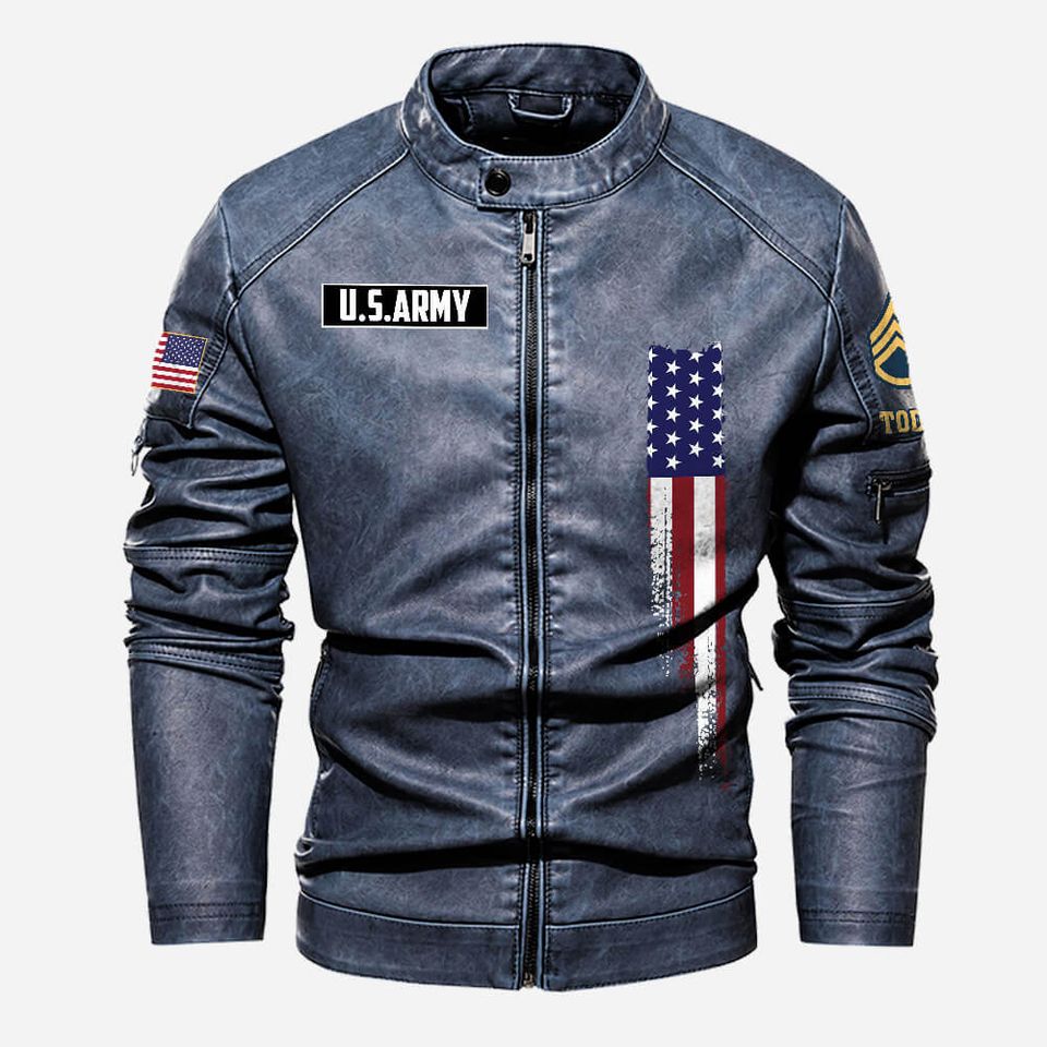 Personalized US Army Veteran Stand Collar Leather Jackets