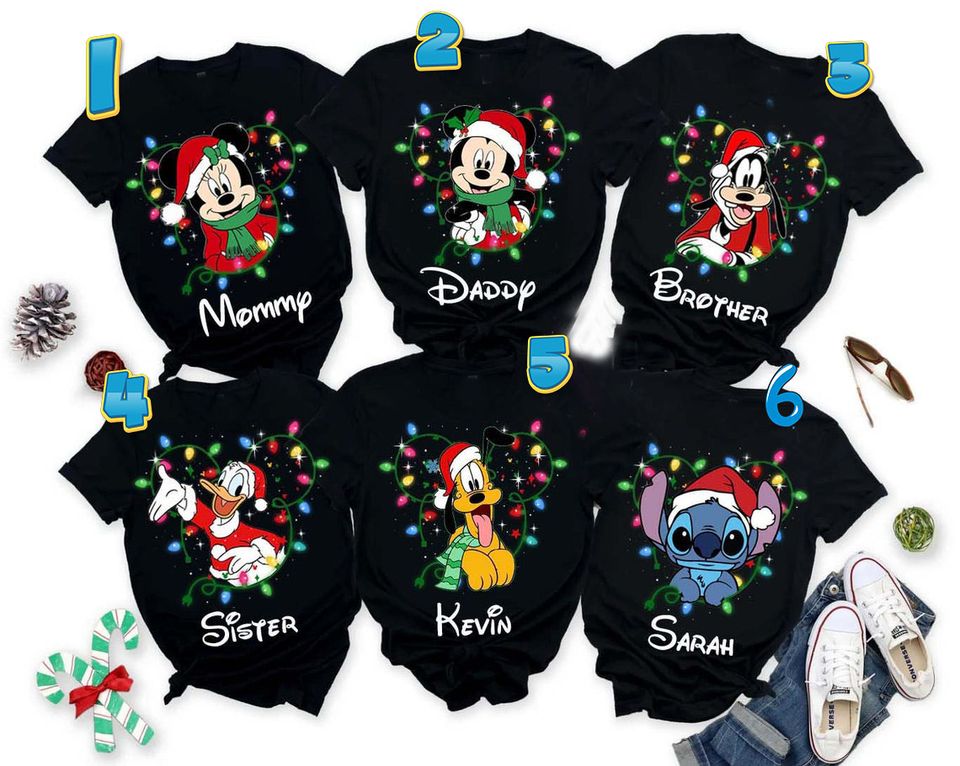 Disney Mickey Minnie Stitch Christmas Lights T Shirt