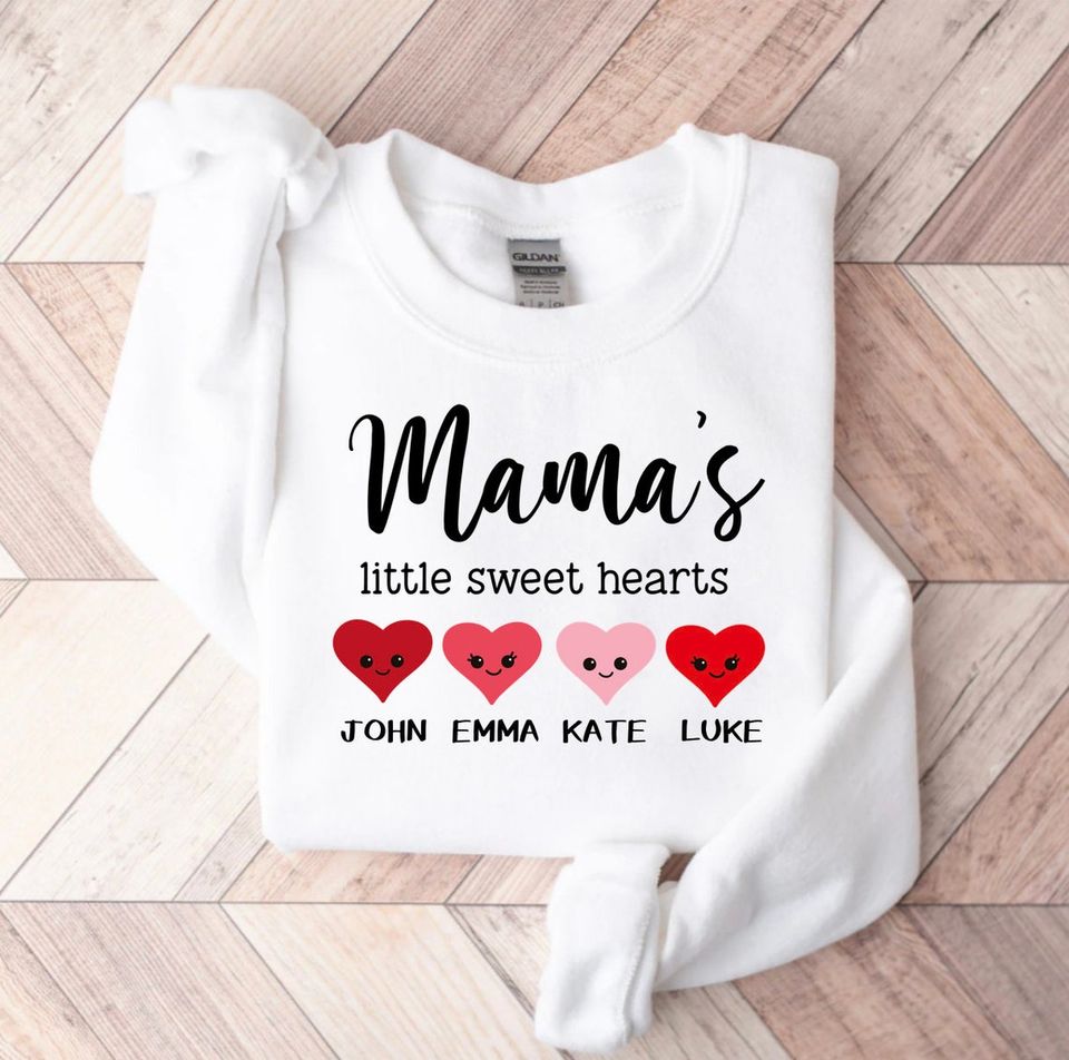 Mama's little Sweet Hearts, Custom Mom Valentines day shirt gift, new mom kid love Sweatshirt