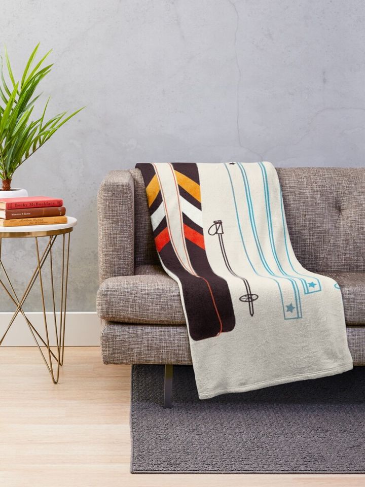 Colorful Retro Ski Illustration Throw Blanket