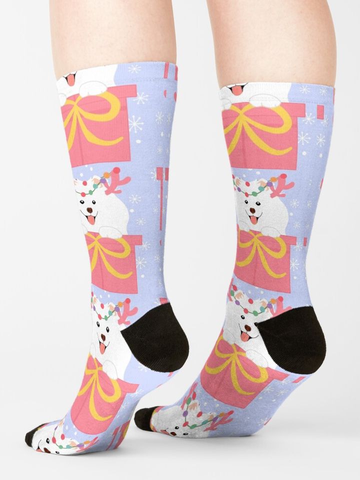 Christmas Reindeer Samoyed in a Gift Box Socks