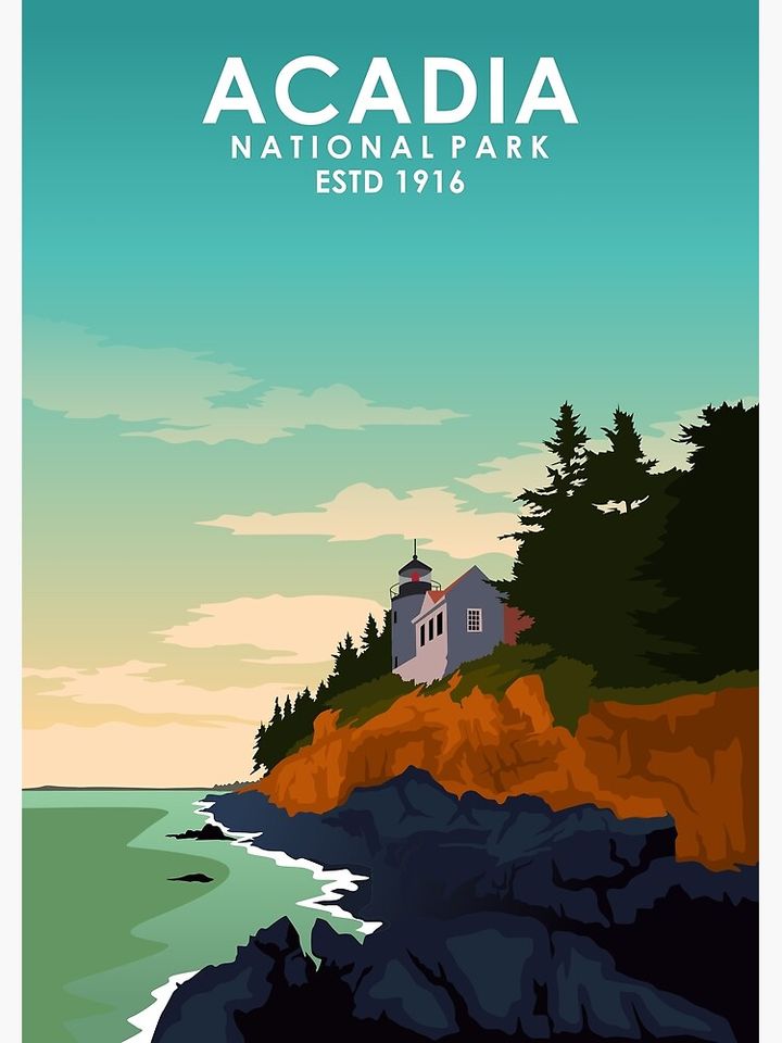 Acadia National Park Vintage Minimal Retro Travel Poster Premium Matte Vertical Poster