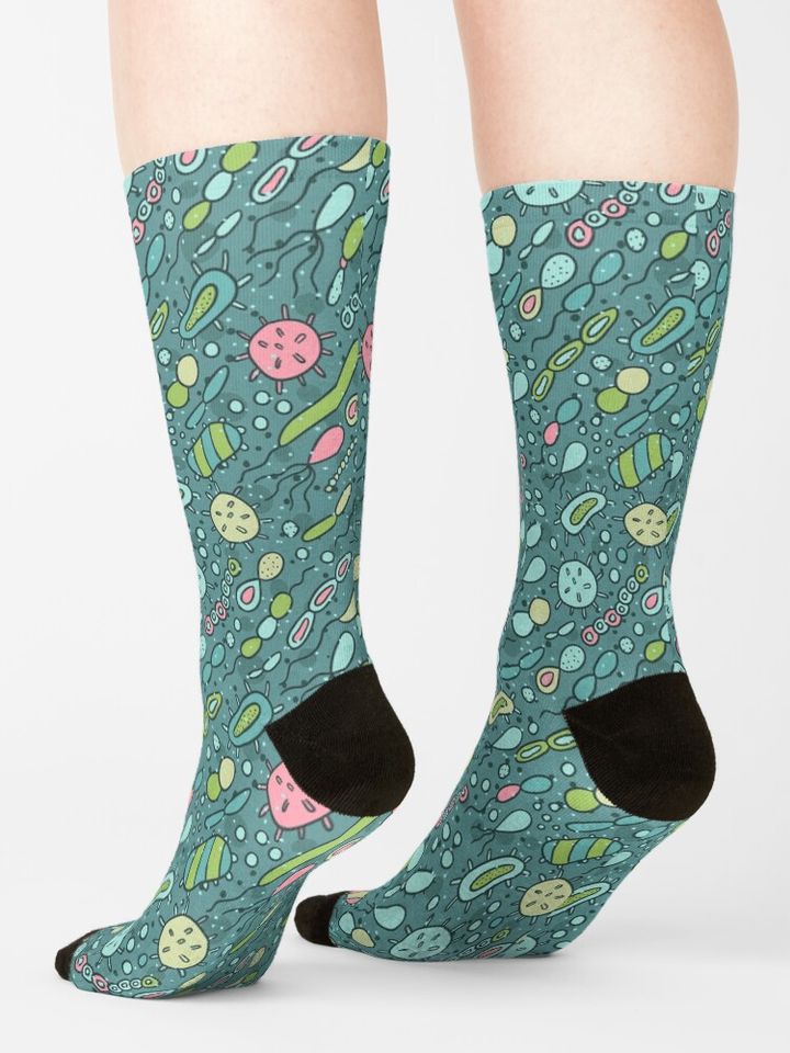 Microbes pattern. Bacteria design for biology lovers. Virus illustration. Socks