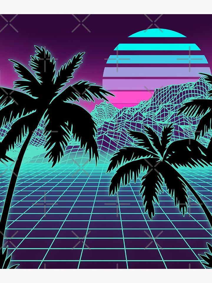 Retro 80s Vaporwave Sunset Sunrise With Outrun style grid print Sticker