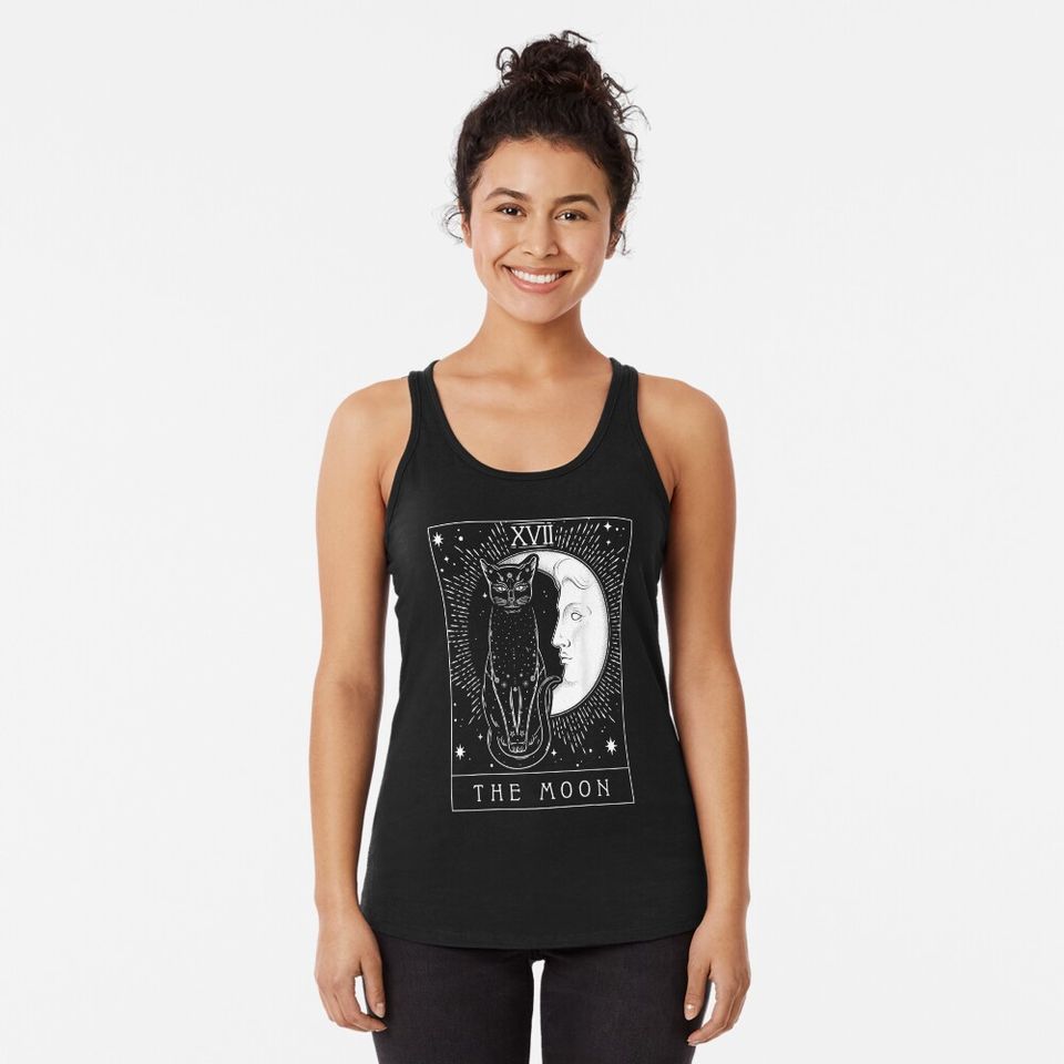 Tarot Card Crescent Moon And Cat Graphic Racerback Tank Top