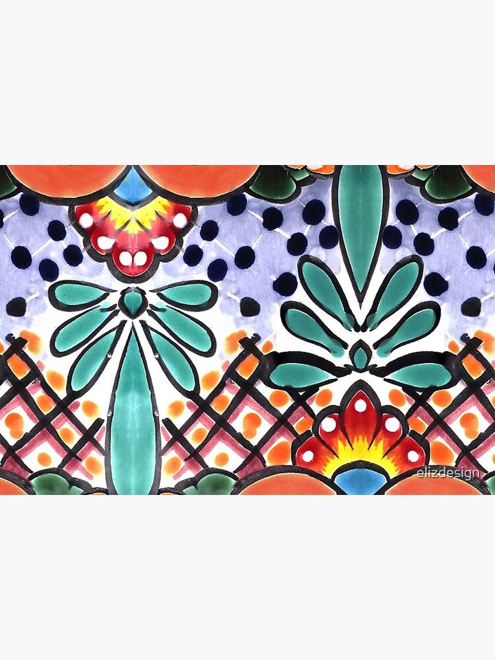 Colorful Talavera, Orange Accent, Mexican Tile Design Bath Mat