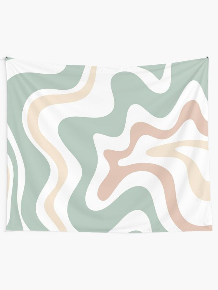 Liquid Swirl Retro Abstract in Light Sage Celadon Green, Light Blush, Cream, and White Tapestry