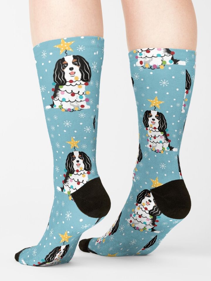 Tri Color Cavalier King Charles Spaniel Christmas Tree Socks
