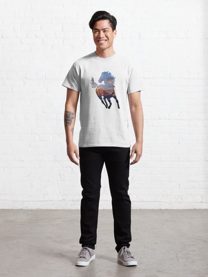 Wild Mustang Horse and Rocky Mountains Silhouette T-Shirt
