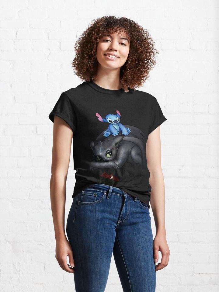 Stitch Sitting On Toothless Funny  Classic T-Shirt