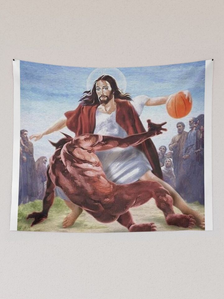Jesus vs Satan in Basketball Tapestry