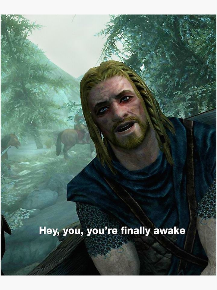 Hey You You're Finally Awake - Skyrim Premium Matte Vertical Poster