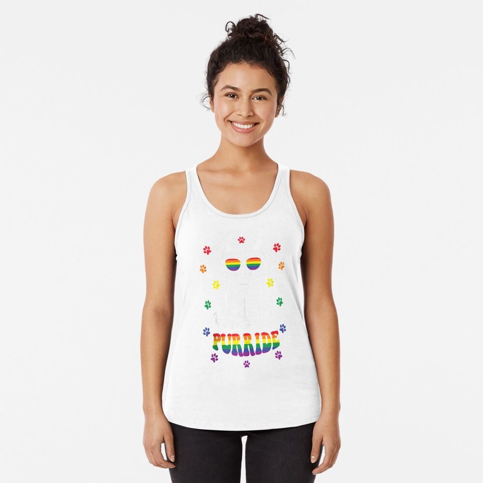 Purride Funny Cat Gay Pride LGBTQ Rainbow Sunglasses Tank Top Racerback Tank Top