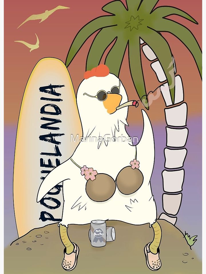 Poguelandia Chicken In Coconut Bra And Crocs Poster