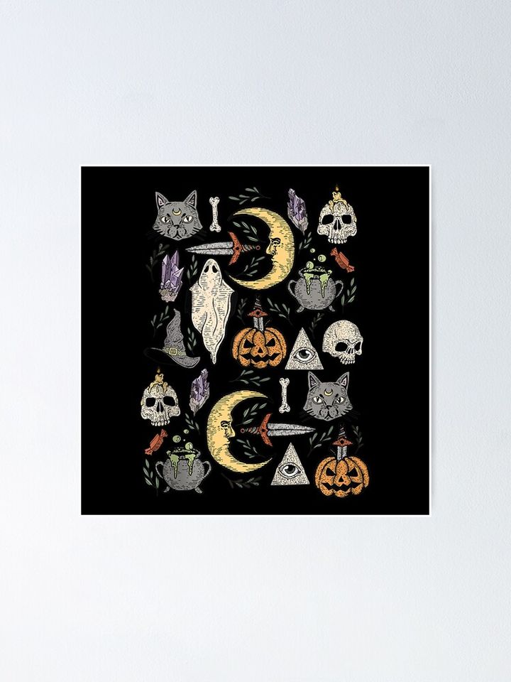 Crescent Moon Black Cat Evil Eye Halloween Ghost Pumpkin Poster