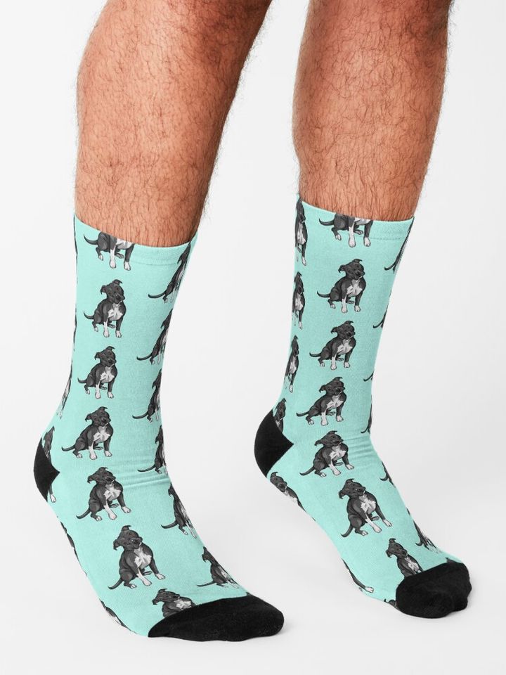 Cute Pitbull | Black and White | Cute dog art Socks