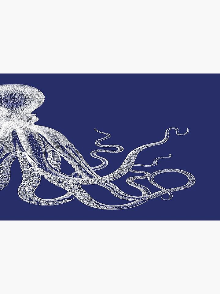 Half Octopus | Right Side | Vintage Octopus | Tentacles | Sea Creatures | Nautical | Ocean | Sea | Beach | Diptych | Navy Blue and White | Bath Mat