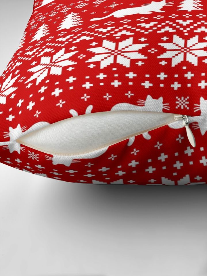 Cat Lover's Red and White Christmas Holiday Pattern Pillow