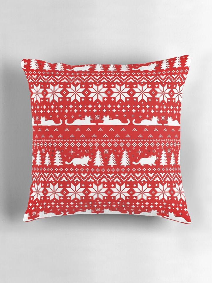 Cat Lover's Red and White Christmas Holiday Pattern Pillow