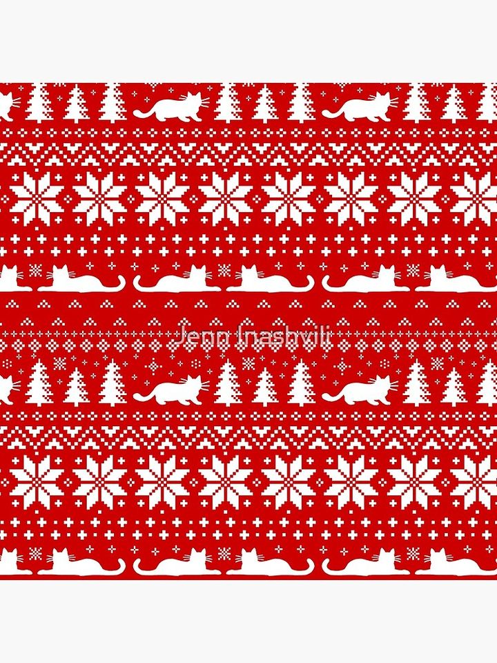 Cat Lover's Red and White Christmas Holiday Pattern Pillow