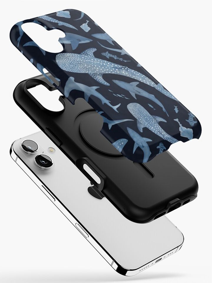 Monochrome blue watercolour shark ocean on black iPhone Case