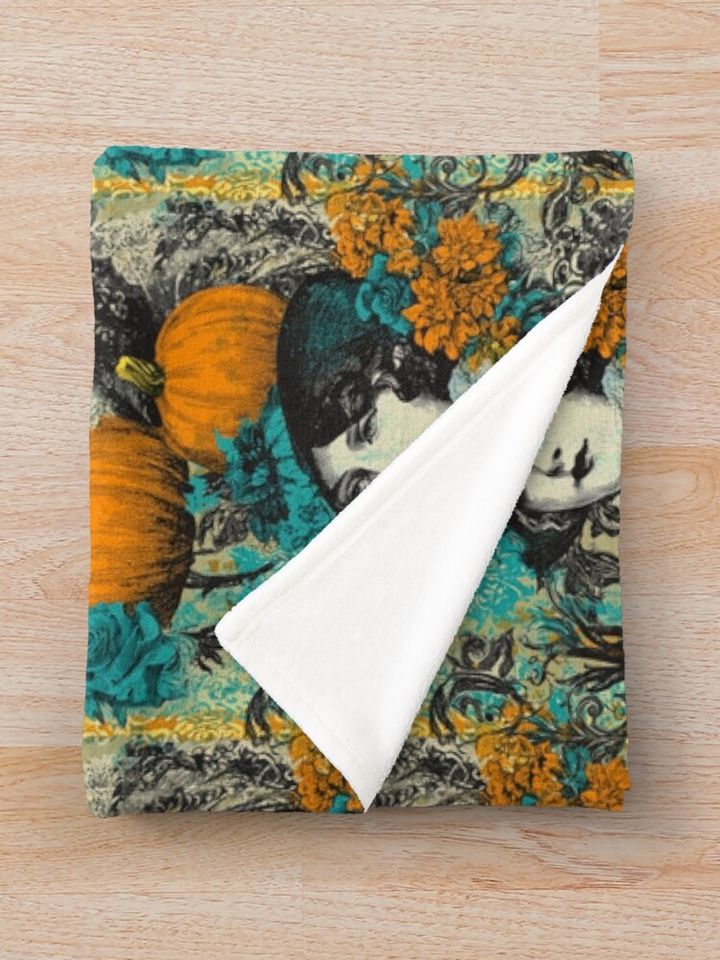 Vintage Halloween Lady with Pumpkins and Teal Florals Throw Blanket