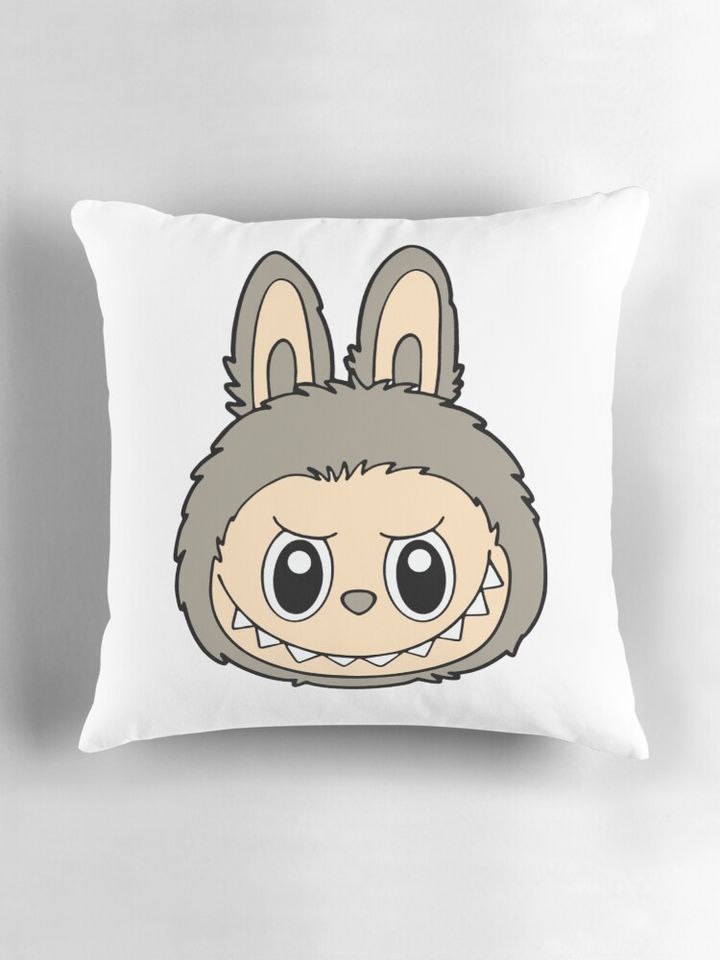 Grumpy Cuddle Monster – Brown Labubu Bunny Head Art Pillow