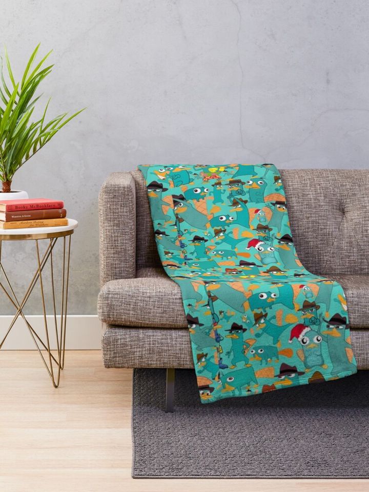 Perry the Platypus Phineas and Ferb Collage Pattern Design - Aquamarine Background Graphic  Throw Blanket