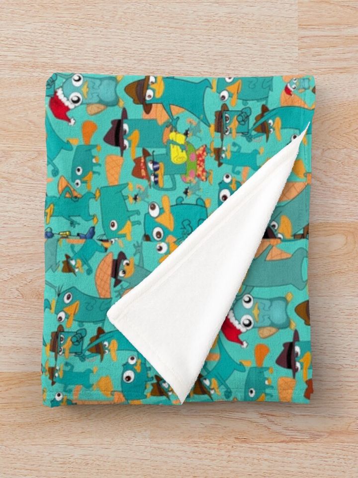 Perry the Platypus Phineas and Ferb Collage Pattern Design - Aquamarine Background Graphic  Throw Blanket