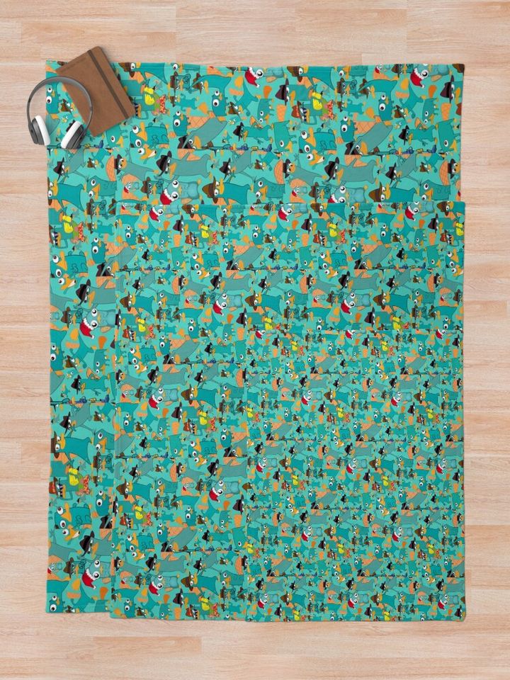 Perry the Platypus Phineas and Ferb Collage Pattern Design - Aquamarine Background Graphic  Throw Blanket